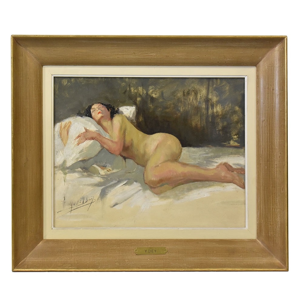 GEMÄLDE WEIBLICHE AKTE, ART DECO, GEMÄLDE VON LIEGENDEN FRAUENAKTEN, YVES DIEY, AUS DEM JAHR 1900. (QN607)